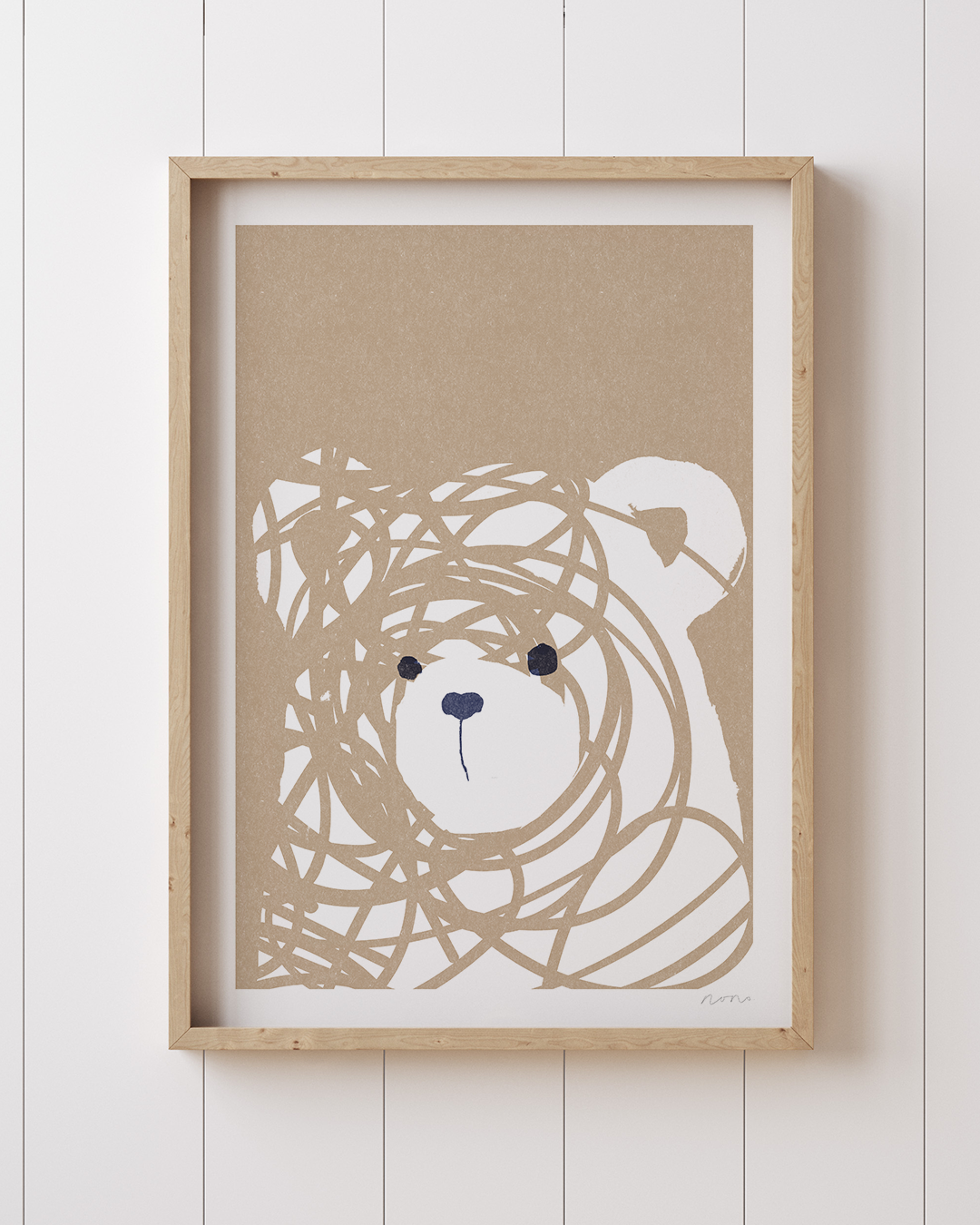Messy Bear artwork with beige scribbles on kraft paper-style background