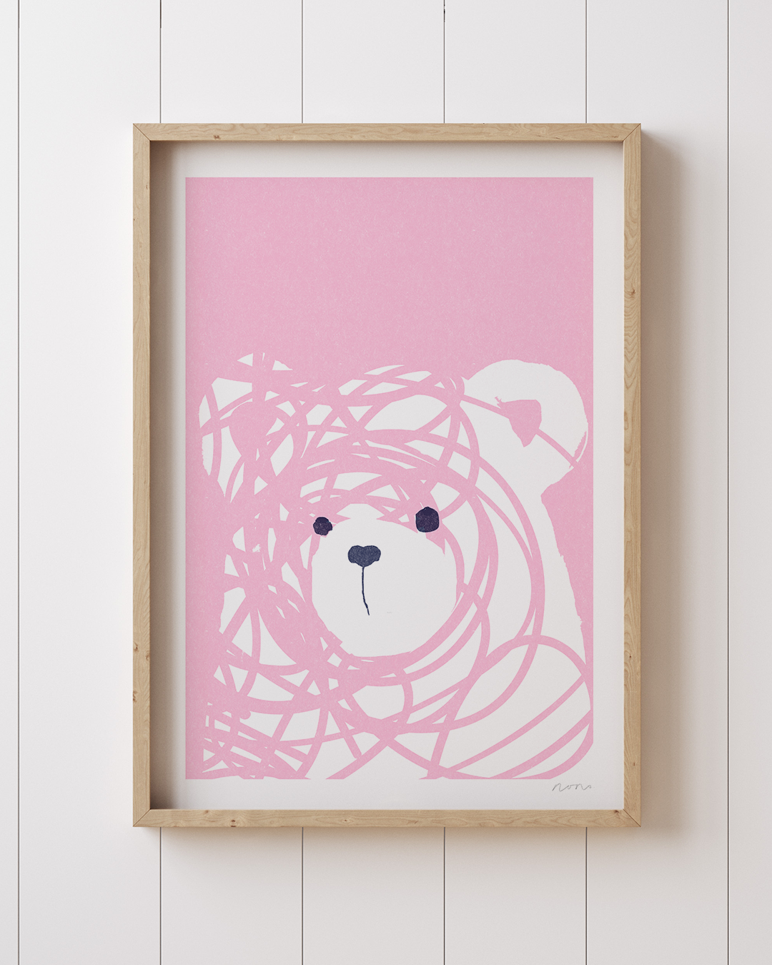 Pink Messy Bear Art Print in light wood frame, soft and playful