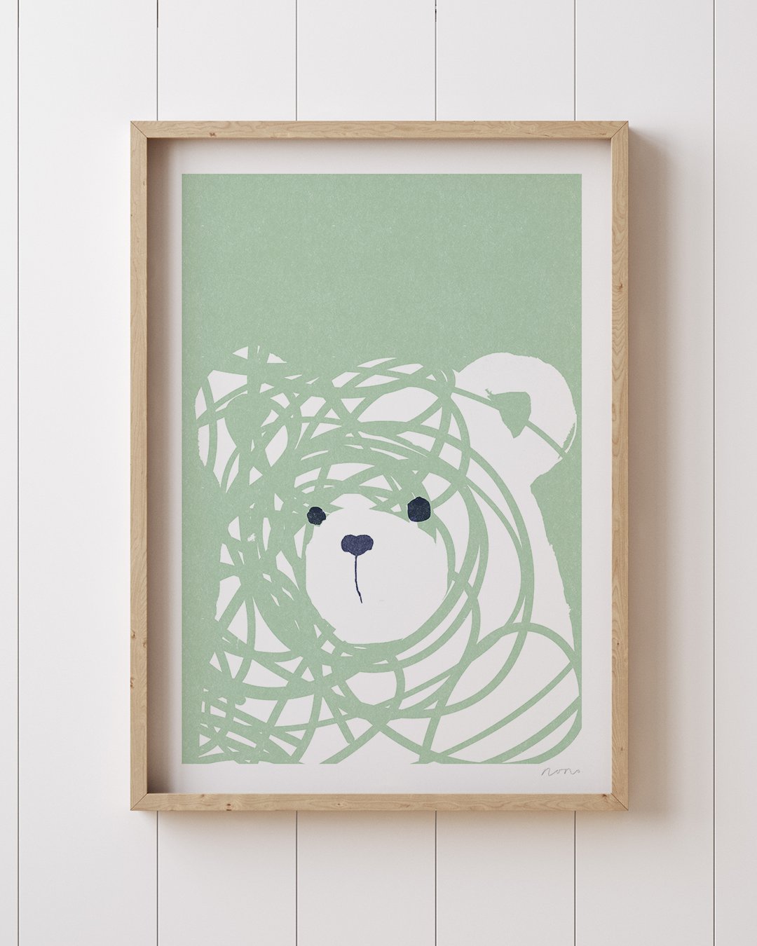 Framed green Messy Bear print on white background with sketch detail
