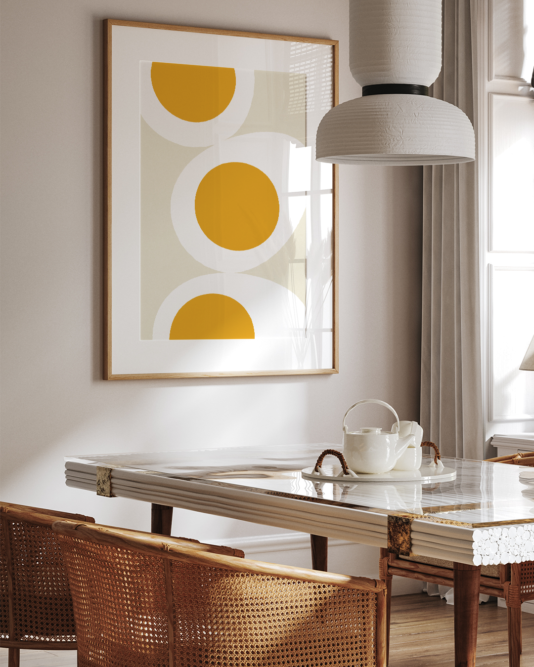 Eggy Weggy Art Print displayed in a warm kitchen setting with wooden bench