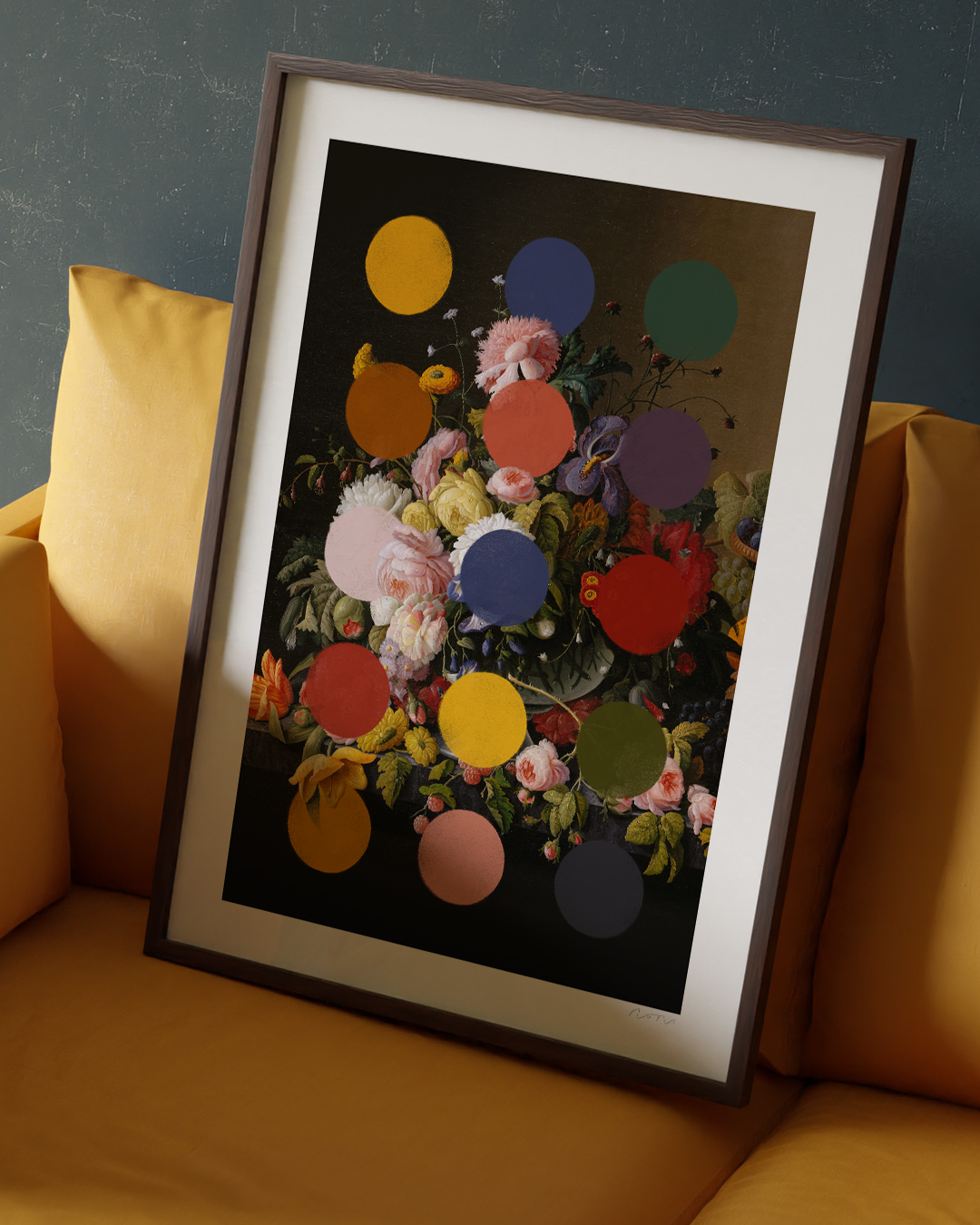 Framed Stolen Flowers artwork in warm sunlight on timber bench