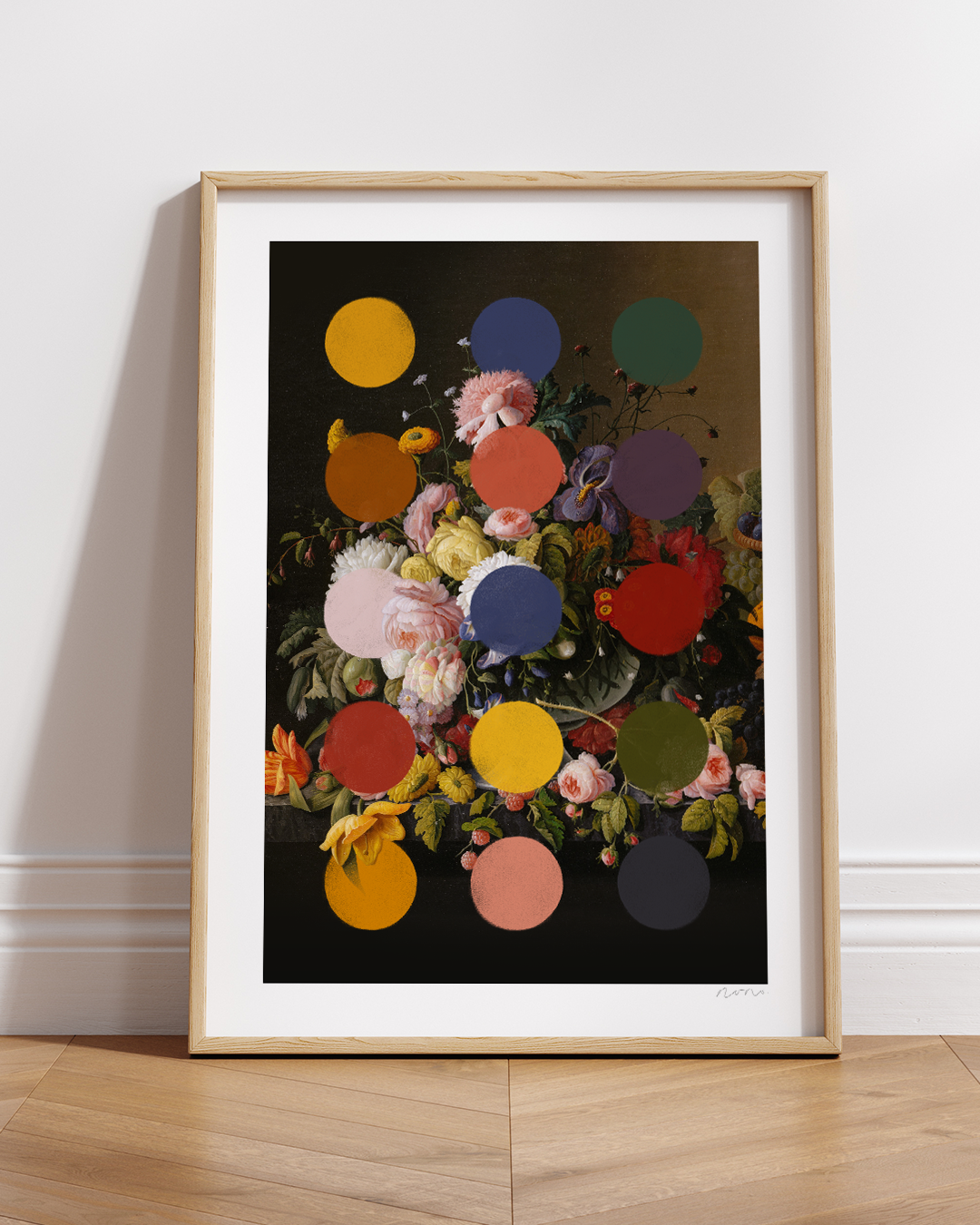 Baroque-style floral print with vibrant colours in a white interior