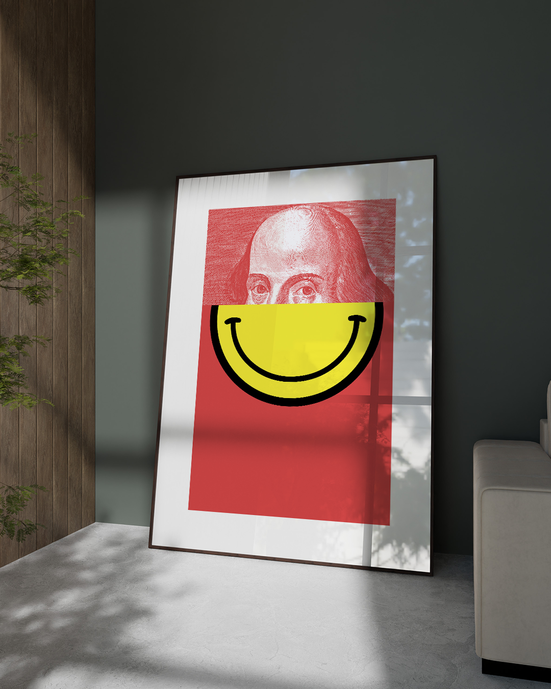 Bard with a Smile print in narrow hallway beside natural shadows