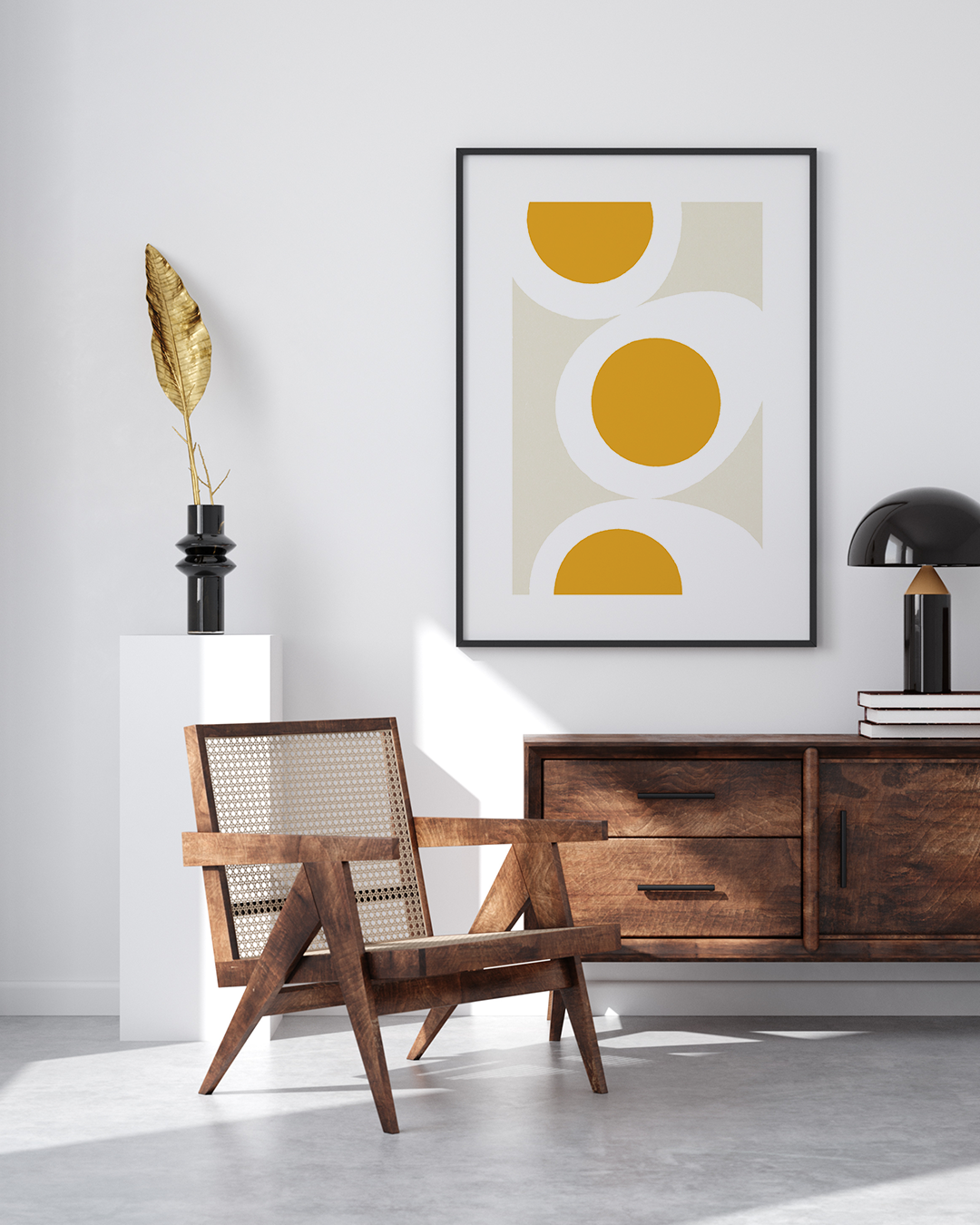 Eggy Weggy framed artwork in a bright living space with mid-century desk
