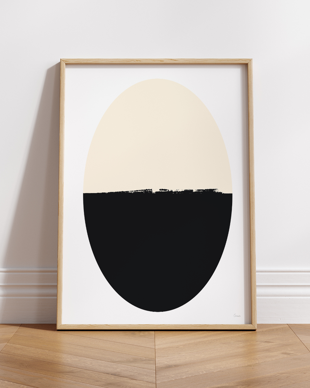Horizon artwork framed in white, featuring black semi-circle on cream