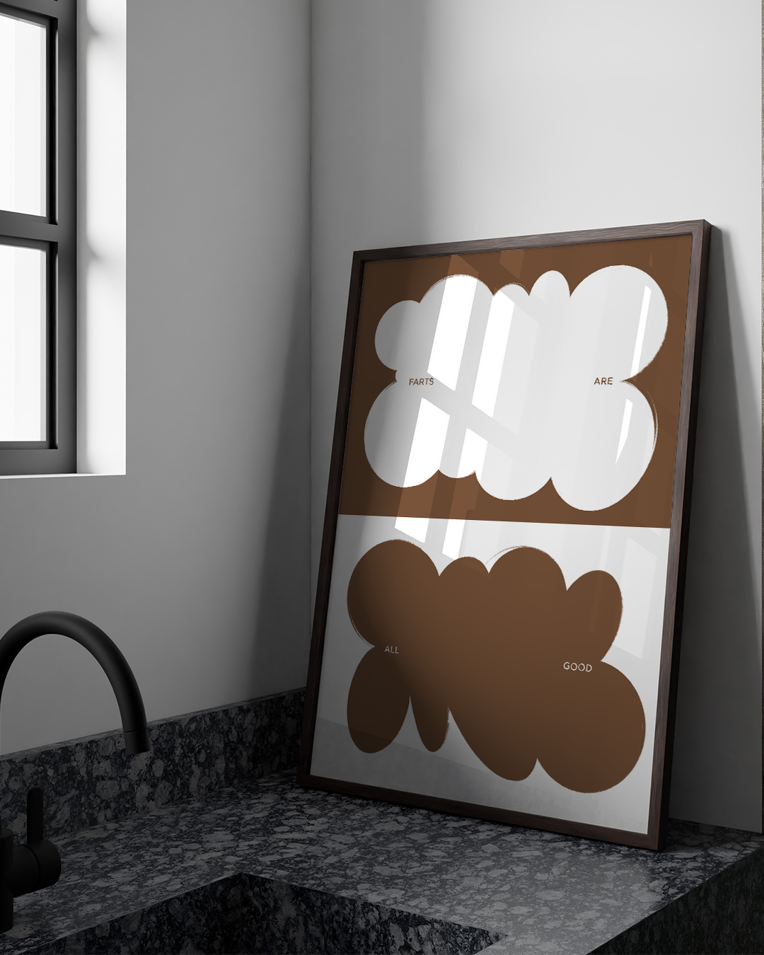 Farts Art Print near sheer curtain, styled beside black iron chair