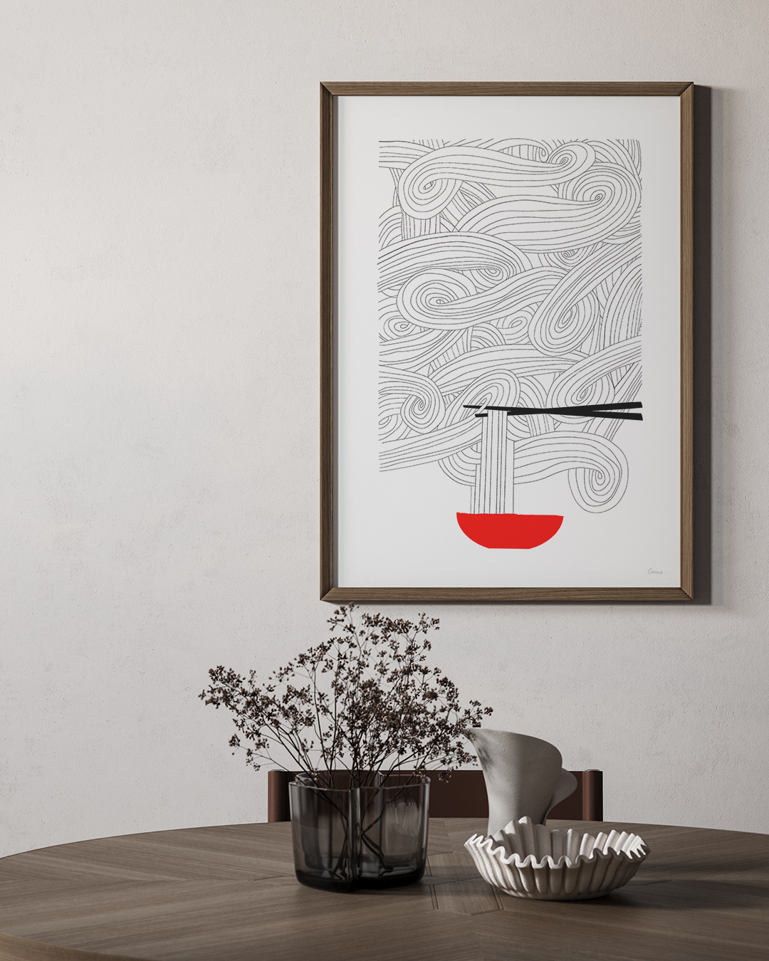 Oodles of Noodles print displayed with a silver kettle and noodle bowl