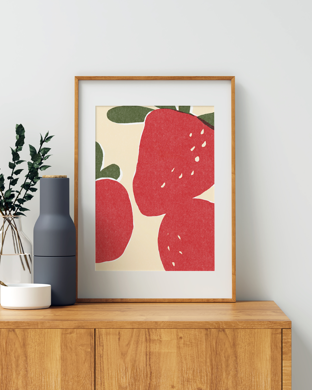 Strawberry Art Print framed on wood shelf