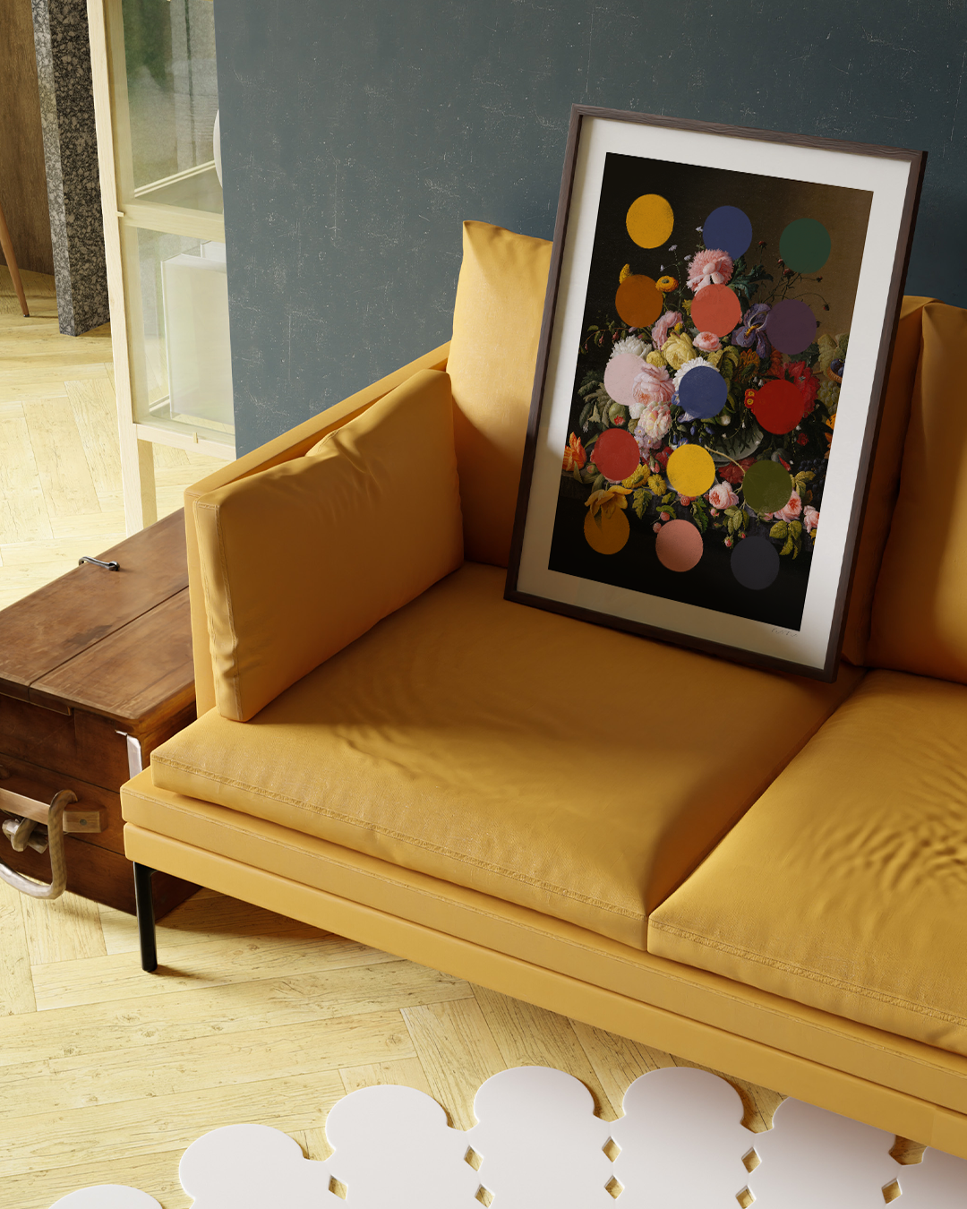 Stolen Flowers Art Print beside mid-century lounge in a cosy corner