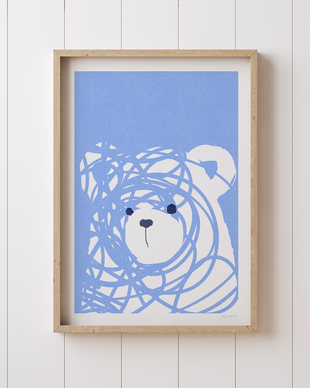 Messy Bear Art Print in soft blue tones with expressive scribble lines