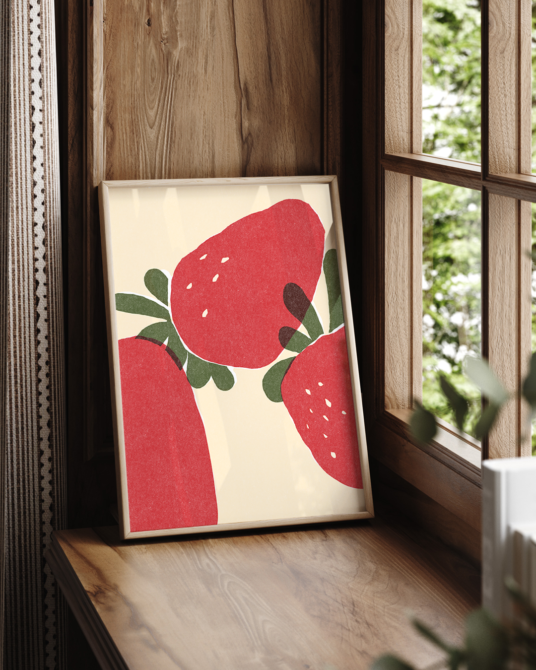 Strawberry Art Print on display beside a window with soft natural light