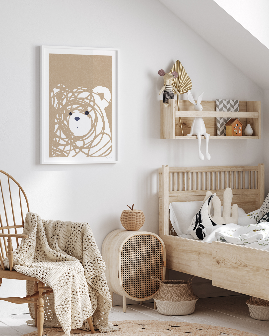 Messy Bear Art Print styled in a soft-toned nursery with plush decor