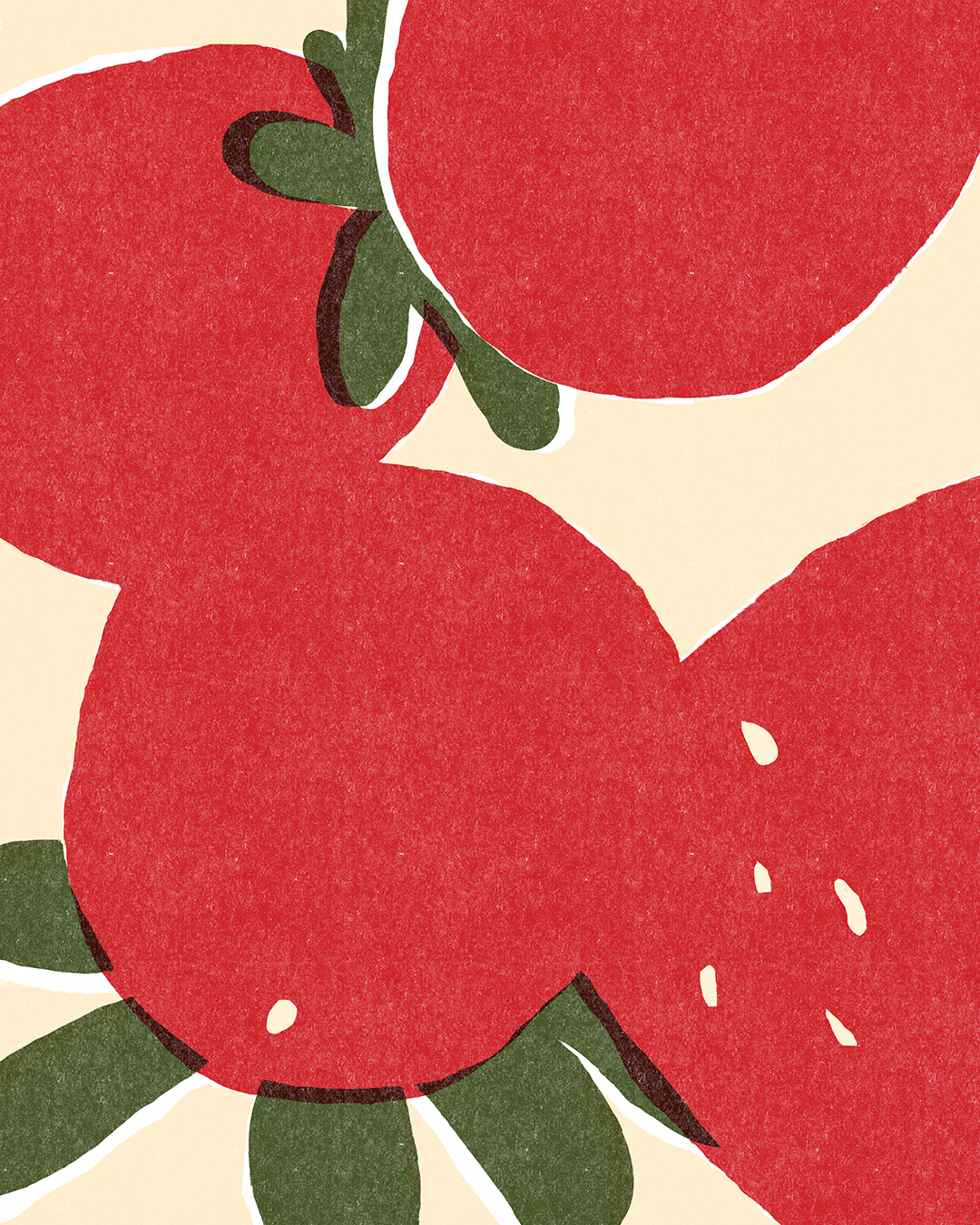 Detailed view of red strawberry with seeds and leafy stem in focus