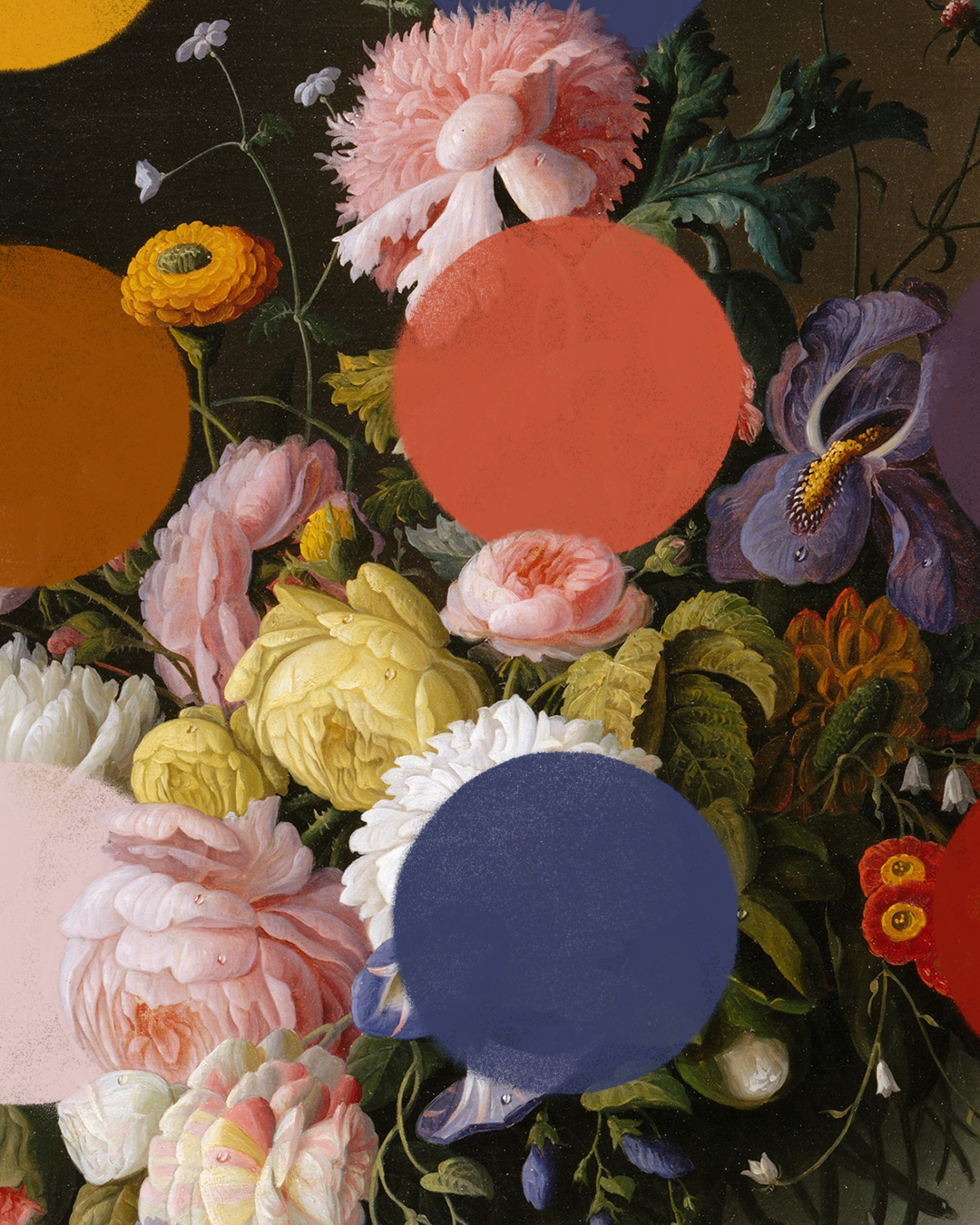 Detail of overpainted Dutch floral still life with pastel pinks and purples