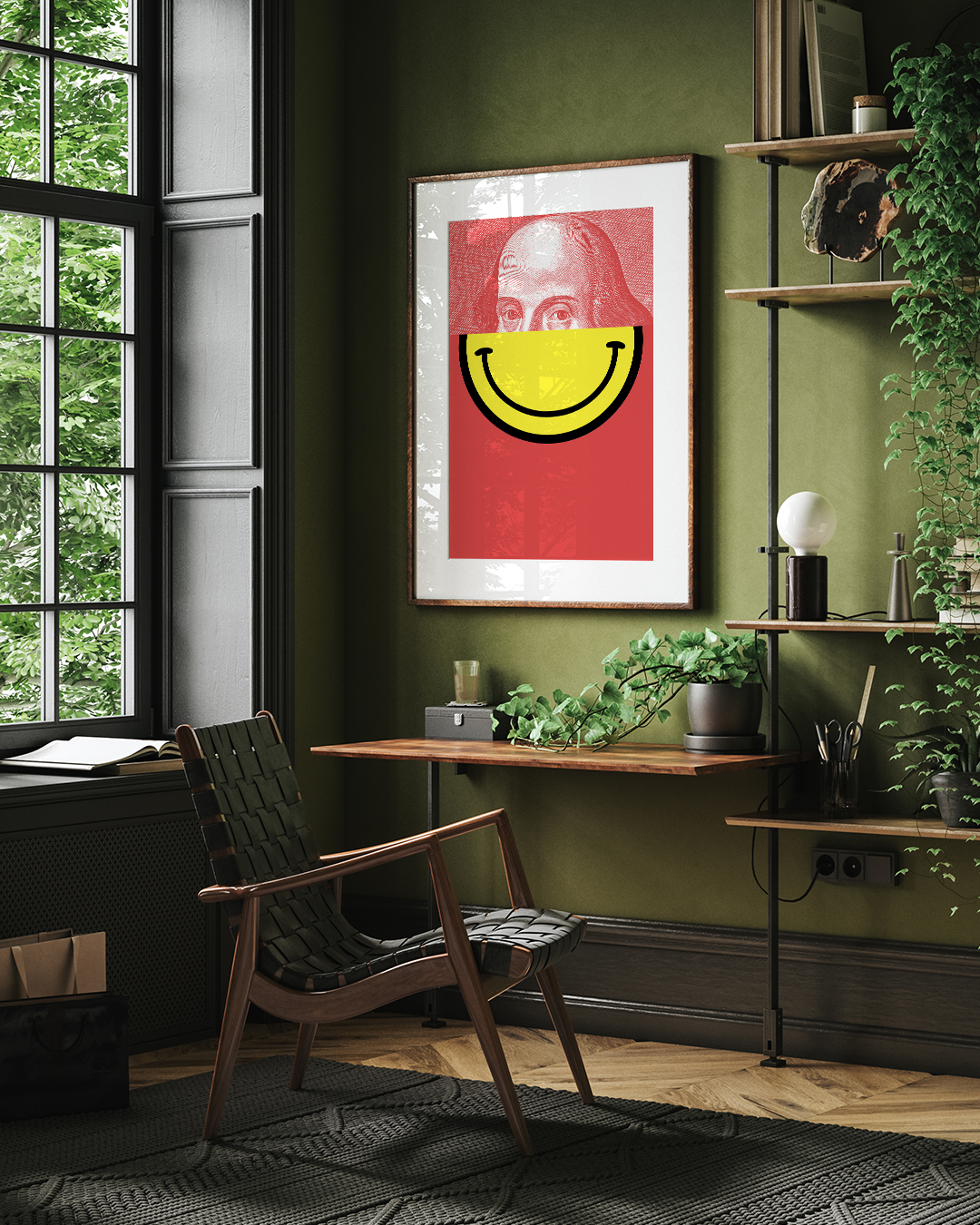 The Bard with a Smile Art Print in a moody room with leafy plants