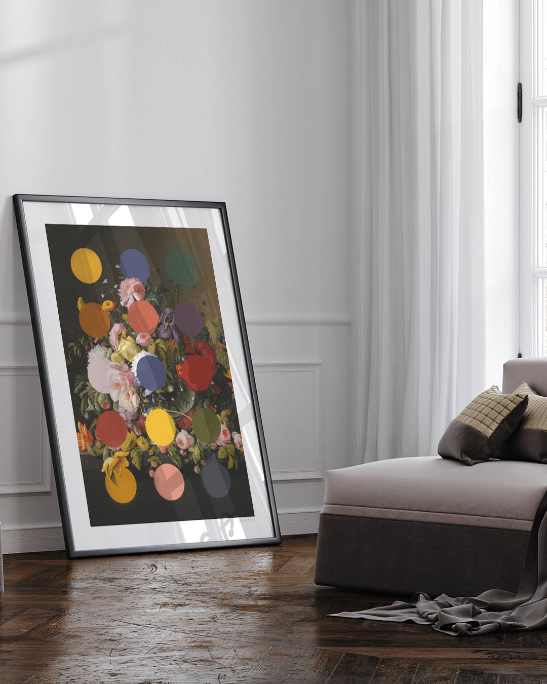 Stolen Flowers Art Print in a dark frame, styled beside sheer curtains