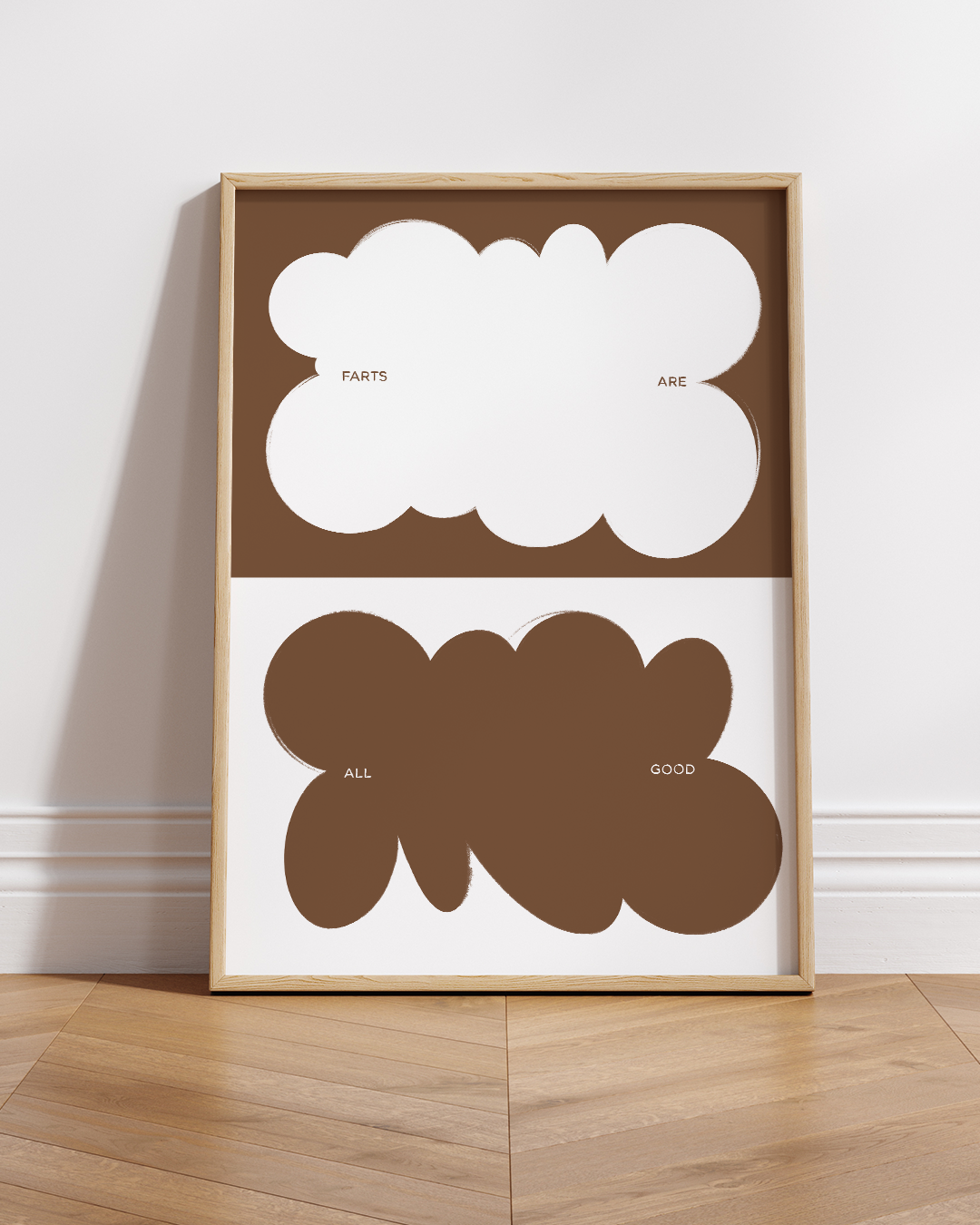 Farts artwork framed on a shelf with soft morning light