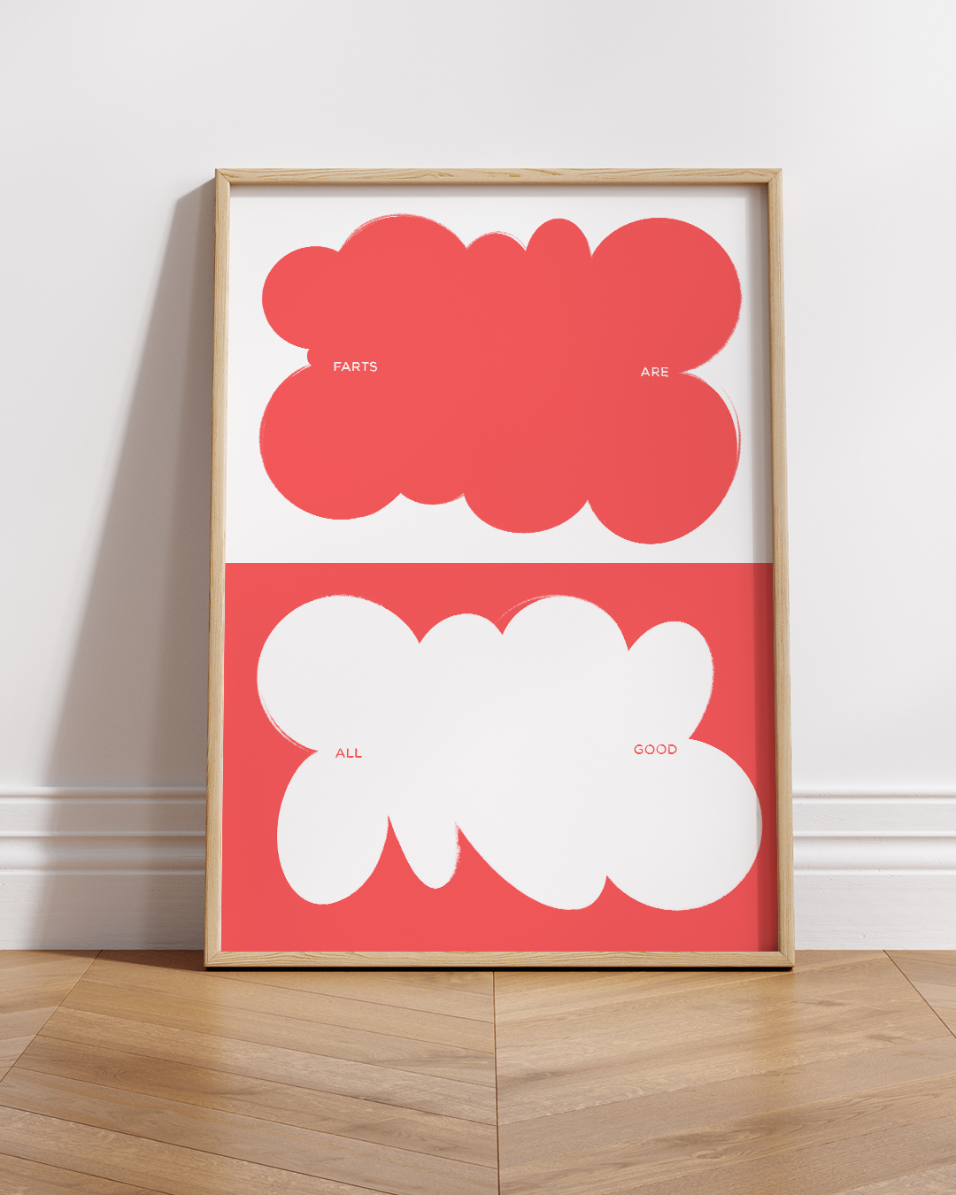 Red and white Farts Art Print framed, displayed against white panel wall