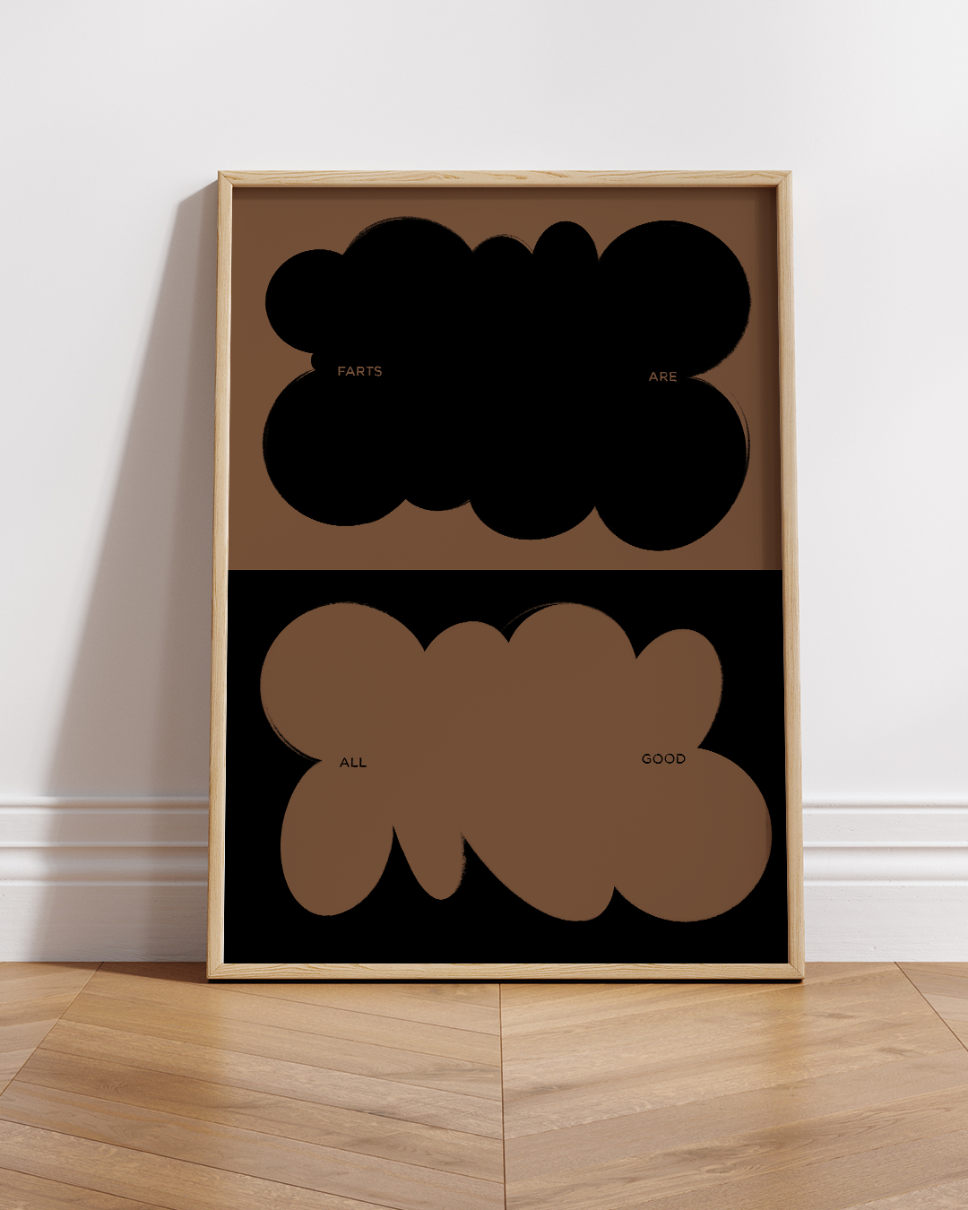 Black background version of Farts print in a light timber frame