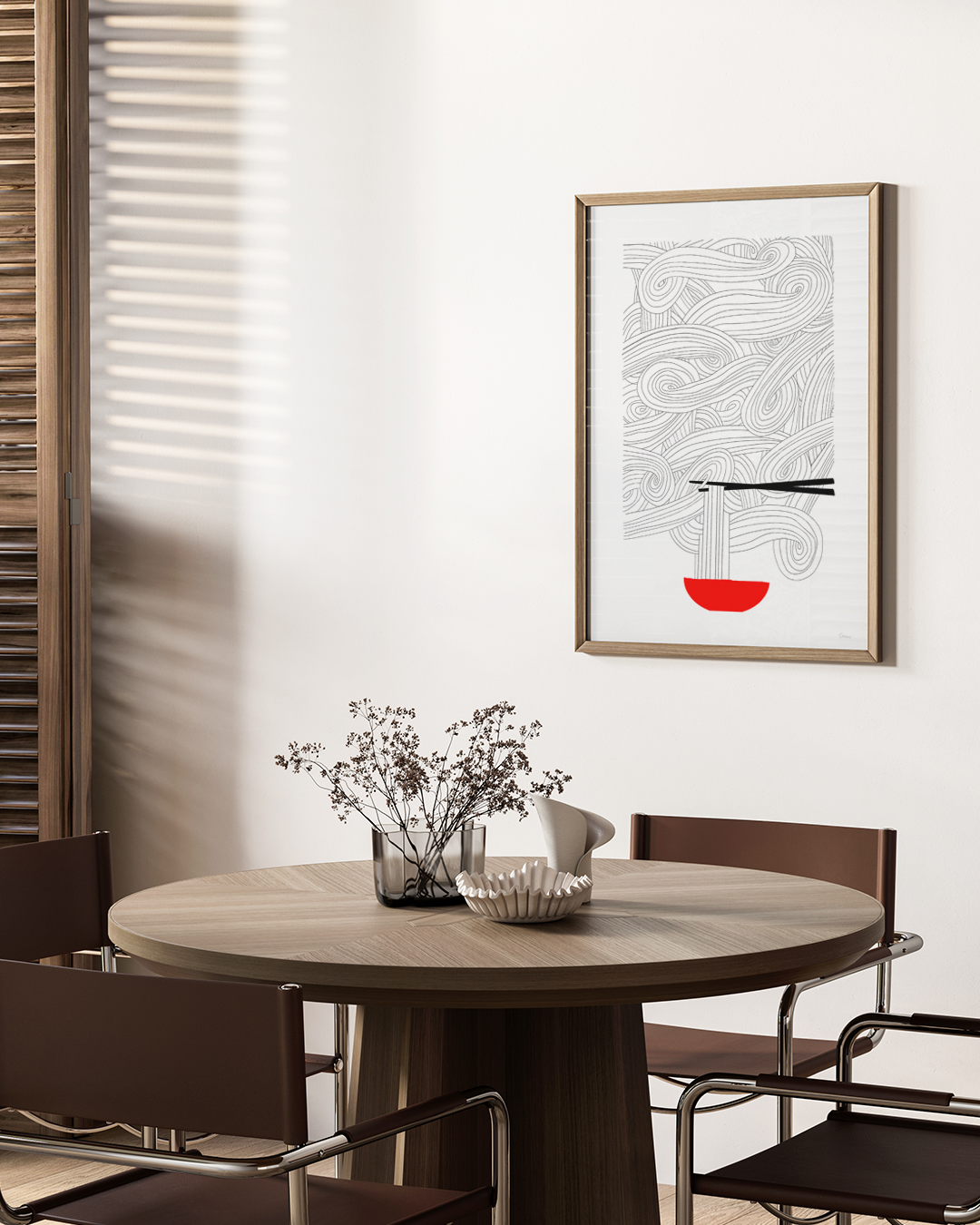 Oodles of Noodles Art Print styled beside stacked bowls and cutlery