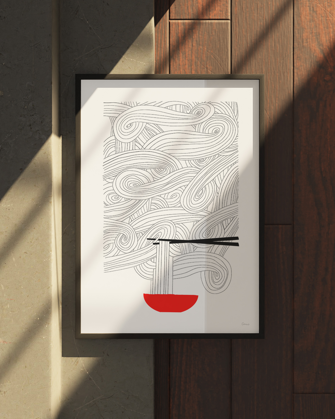 Oodles of Noodles artwork lit by warm afternoon light through blinds