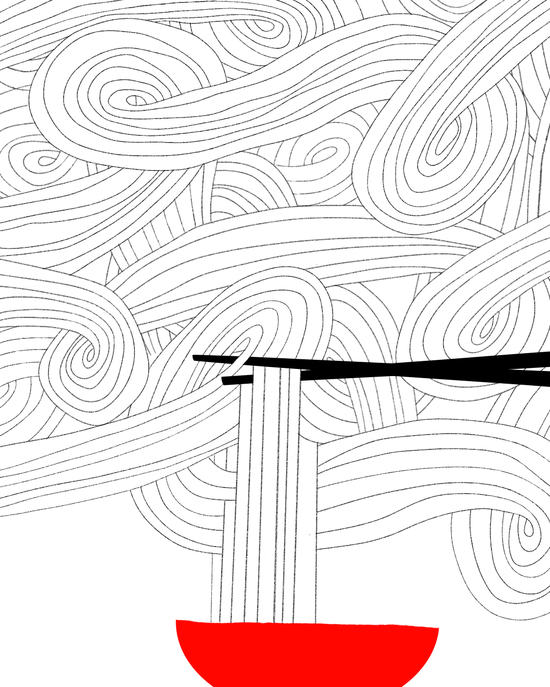 Close-up of intricate noodle linework with red bowl at base of print