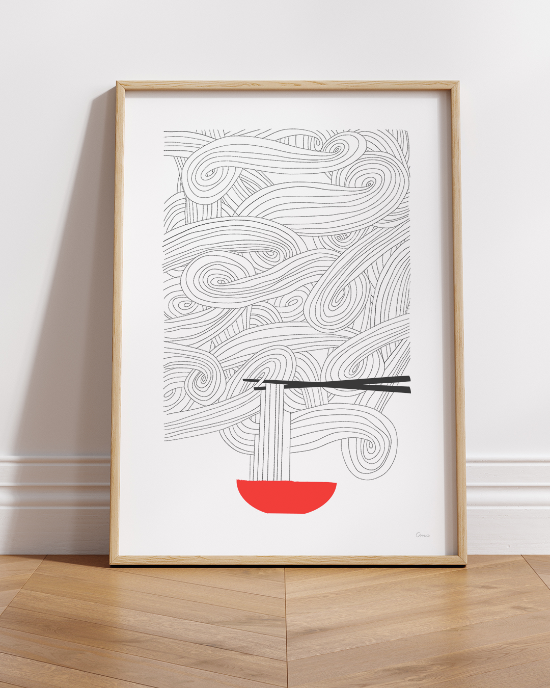 Framed Oodles of Noodles print in white frame with red bowl illustration